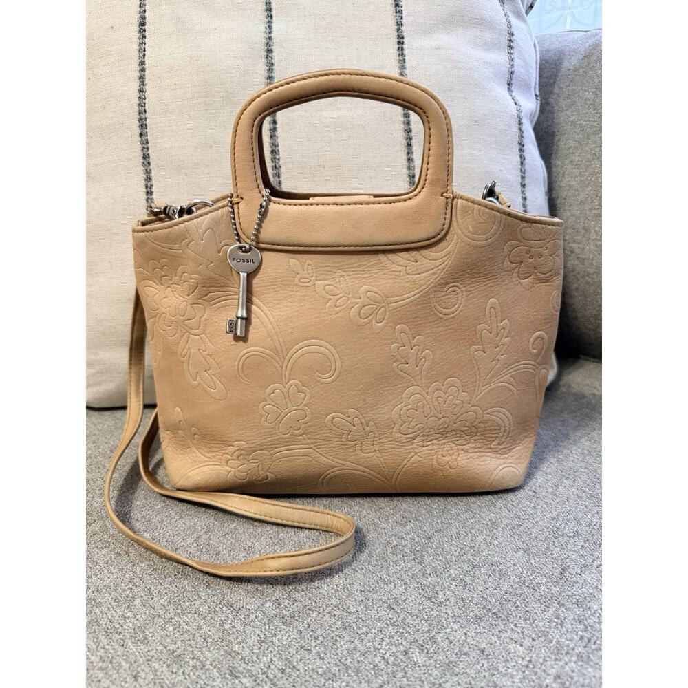 Vintage Fossil Embossed Genuine Leather Purse Crossbody Bag Tan Beige Y2K 90s